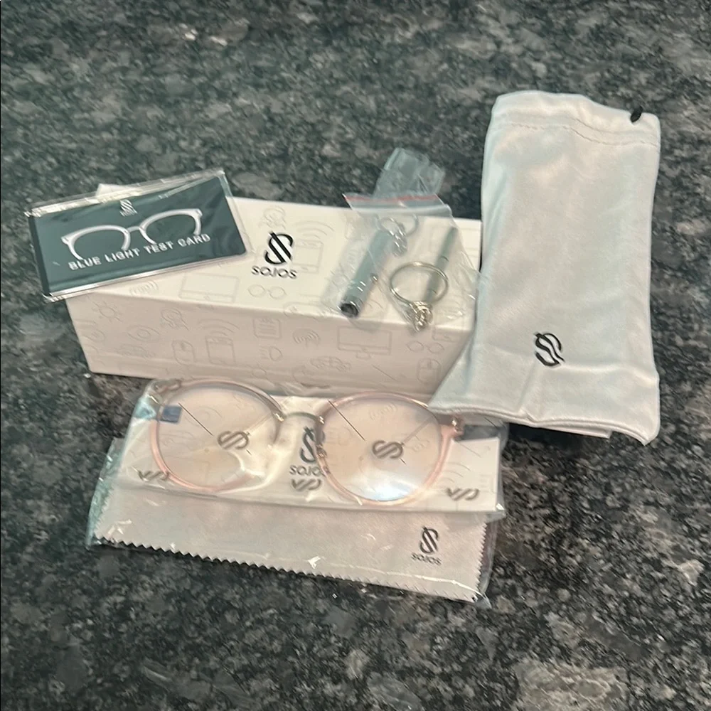 Sojos Anti Blue Light Glasses Light Pink Round Frame Carry Case & More NIB NWT